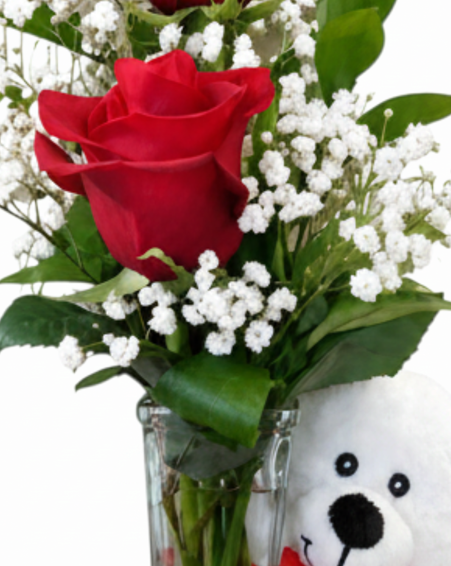 Lakewood Florist Valentine Cuddle Bear featuring a red rose bouquet with baby's breath and a plush white teddy bear.