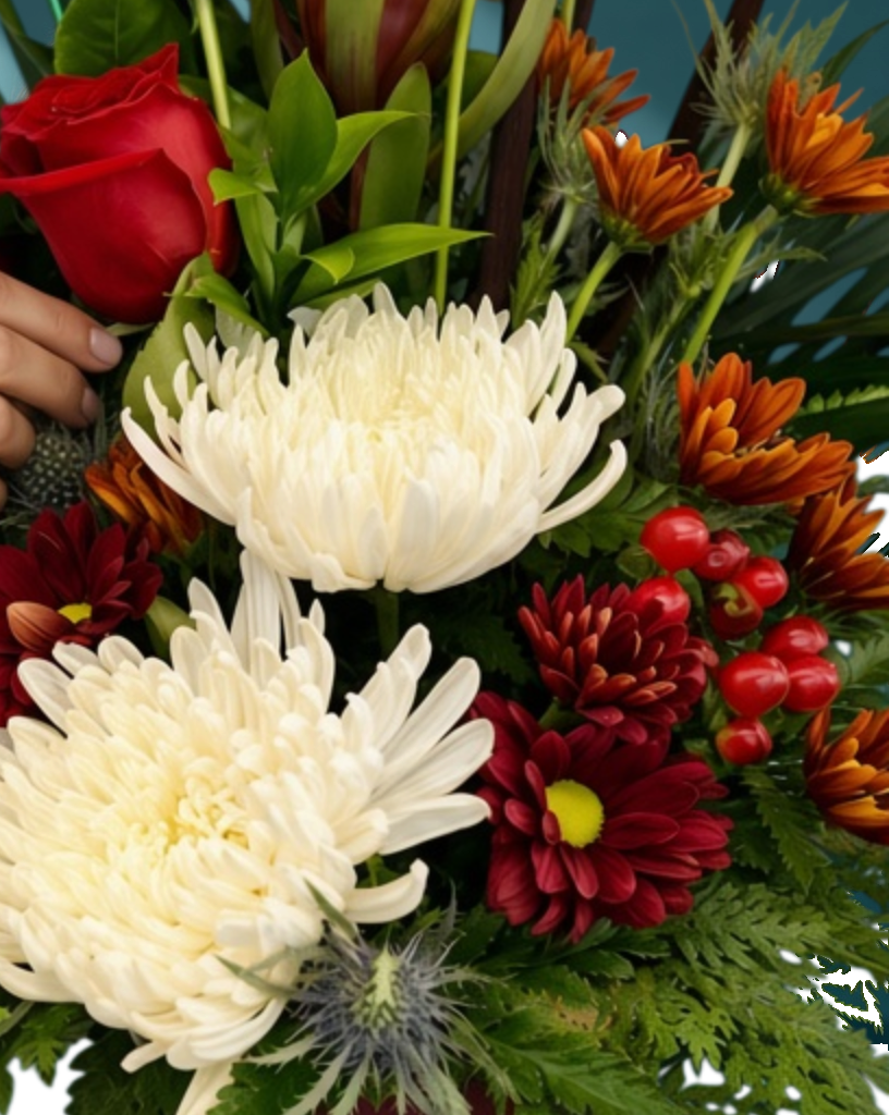 Lakewood Florist Fall Majesty arrangement featuring white Galactica Mums, red roses, bronze flowers, and red berries.