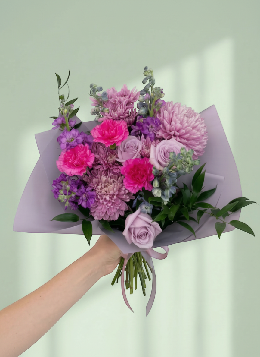 Lakewood Florist Amethyst bouquet with purple roses, pink carnations, and lavender chrysanthemums, hand-tied with ribbon.