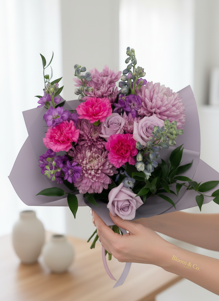 Lakewood Florist Amethyst bouquet: purple roses, pink carnations, chrysanthemums, and delphiniums in a lavender wrap.