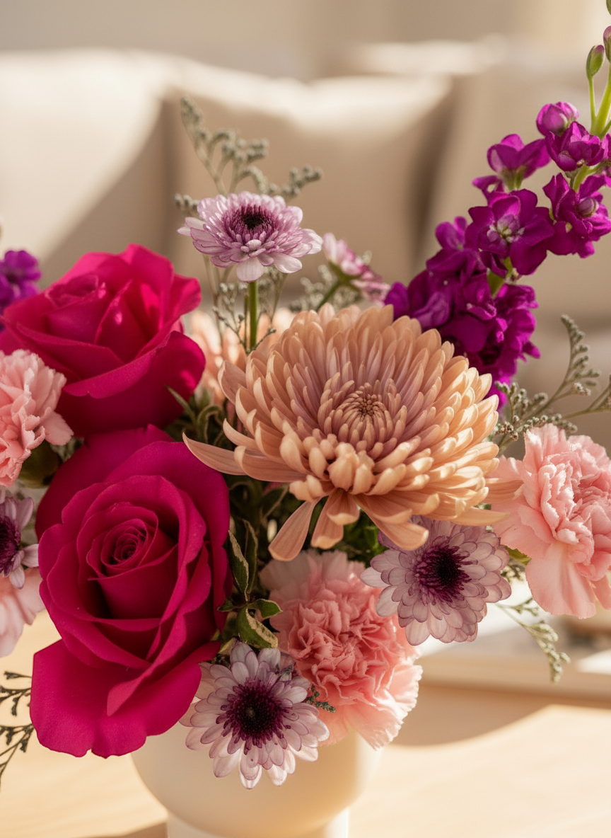 Lakewood Florist Pretty, Obviously bouquet with pink roses, carnations, mums, and purple stock flowers in a cream vase.