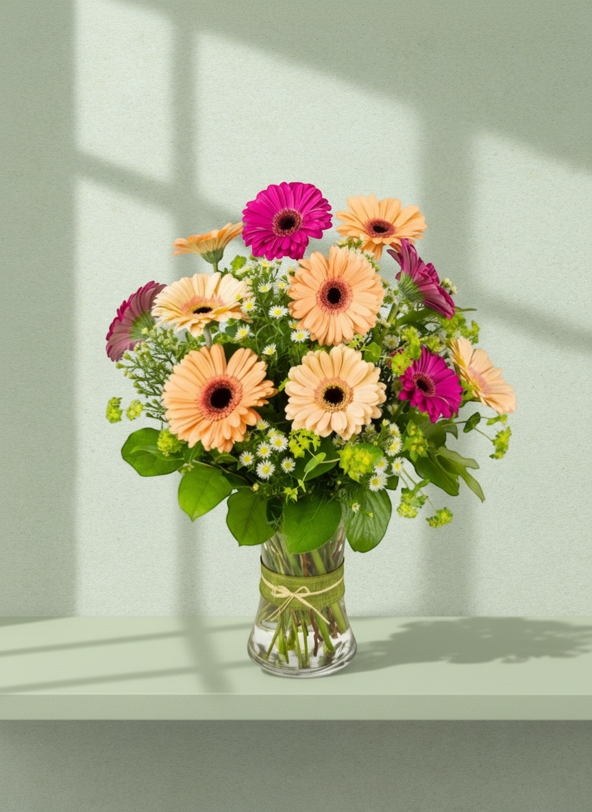 Lakewood Florist Happy Daisies arrangement with peach and magenta gerbera daisies, small white flowers, and green foliage in a glass vase.