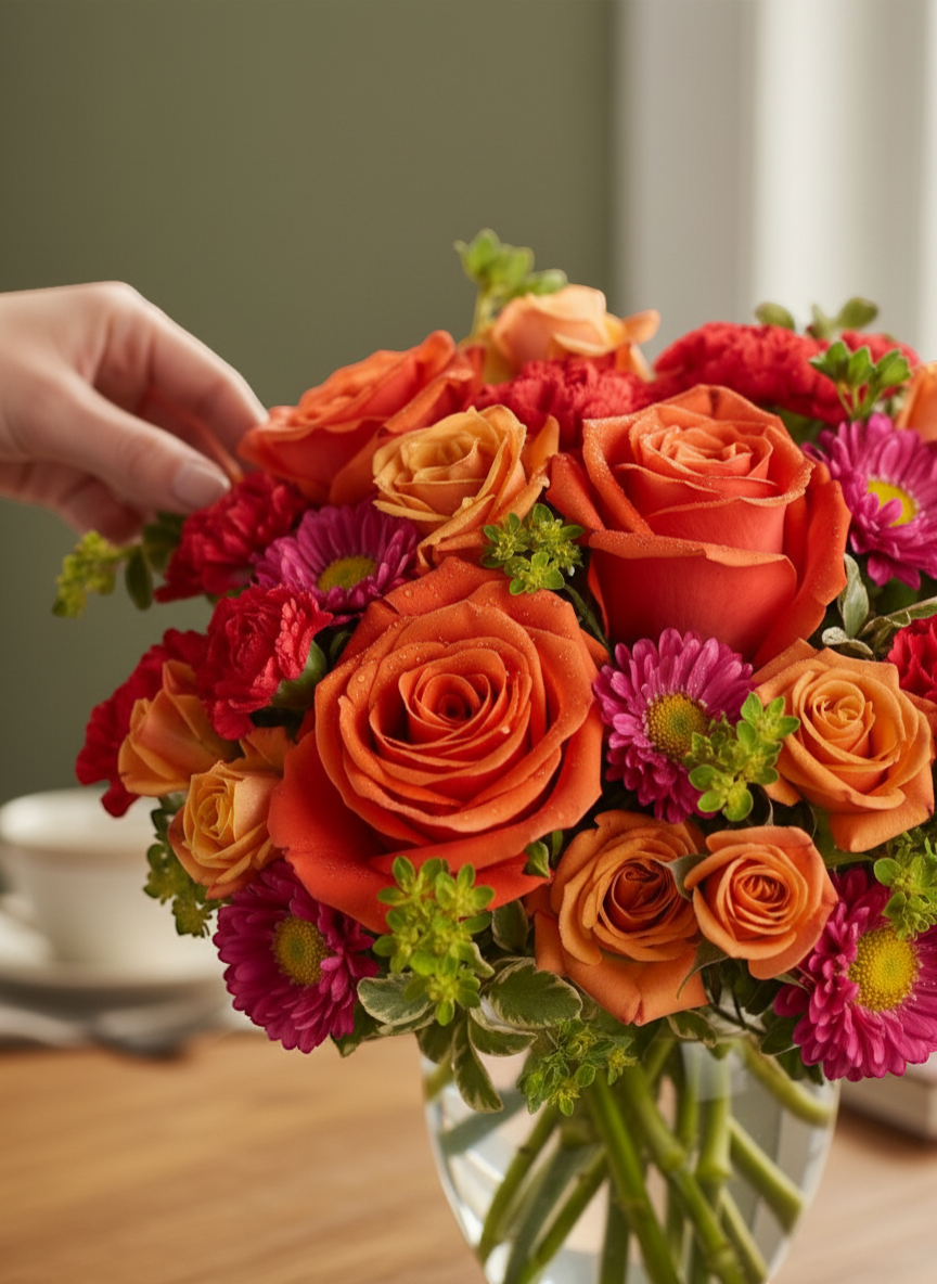 Lakewood Florist Hot Pink Citrus arrangement: vibrant orange roses, hot pink mums, and red carnations in a glass vase.