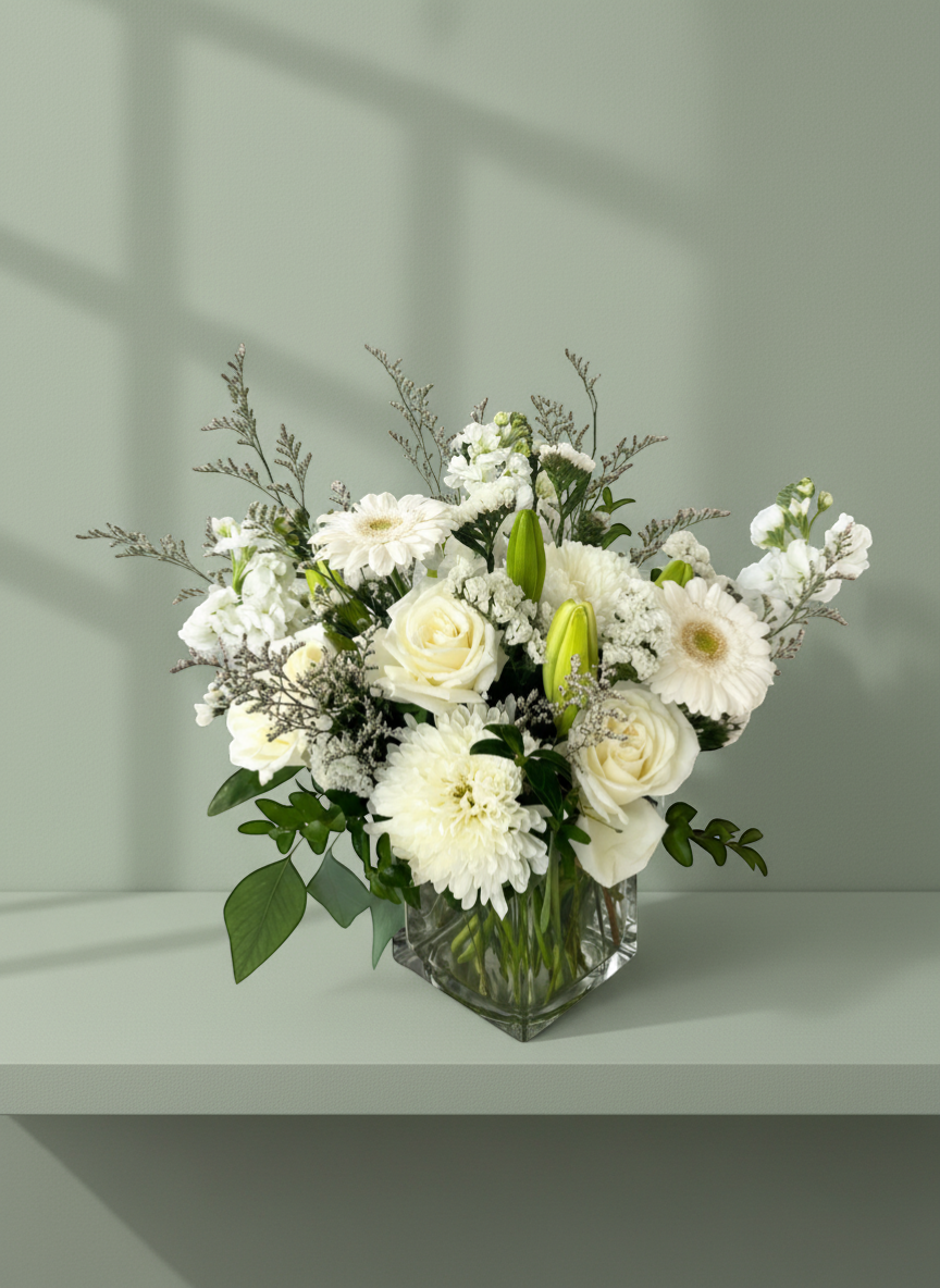 Lakewood Florist serene white flower arrangement with ivory roses, lilies, daisies, and chrysanthemums in a glass vase.