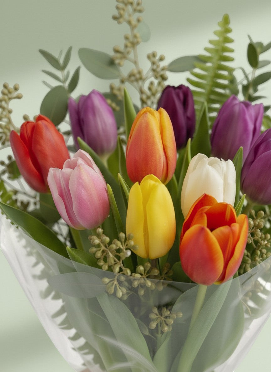 Lakewood Florist mixed tulip bouquet with red, pink, yellow, orange, white, and purple tulips and greenery.