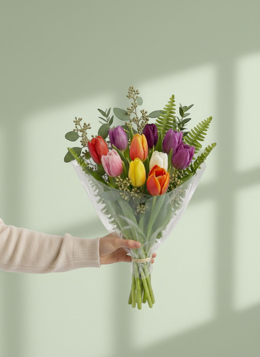 Lakewood Florist mixed tulips bouquet with red, pink, yellow, orange, white, and purple tulips, accented with greenery.