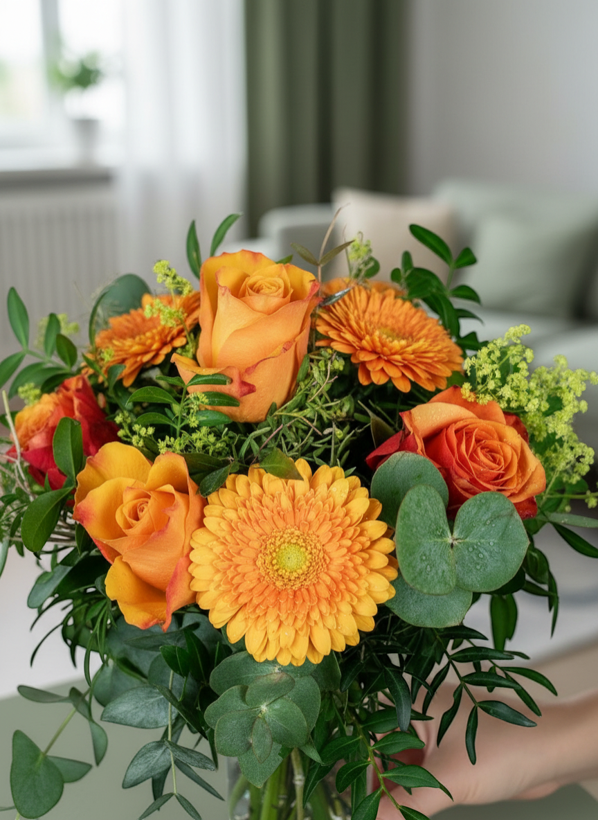 Lakewood Florist Honey Crisp bouquet with orange roses and gerbera daisies, accented with greenery.