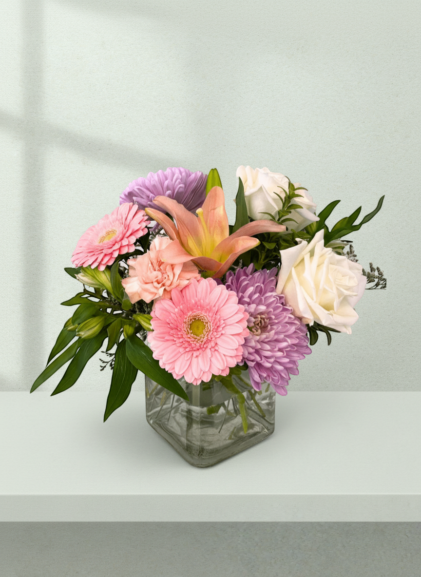 Lakewood Florist pastel floral arrangement with pink gerbera daisies, peach lilies, white roses, and purple mums in a glass vase.