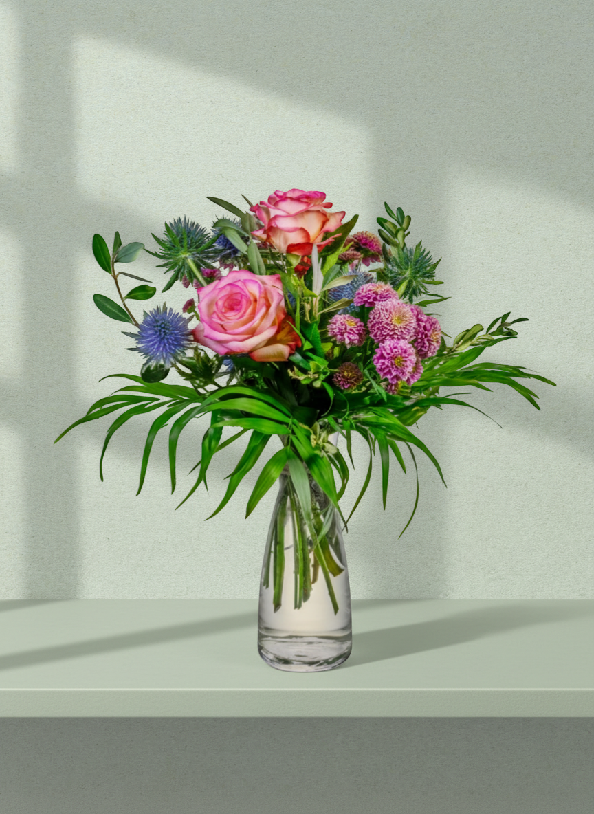Lakewood Florist Rosy Radiance bouquet: pink roses, purple thistles, pink chrysanthemums, and greenery in a clear vase.