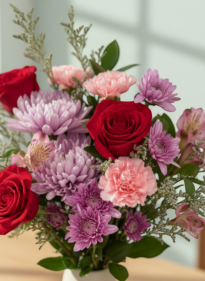 Lakewood Florist Soft Kiss Bouquet: Red roses, lavender mums, pink carnations, and alstroemeria in a cream vase.