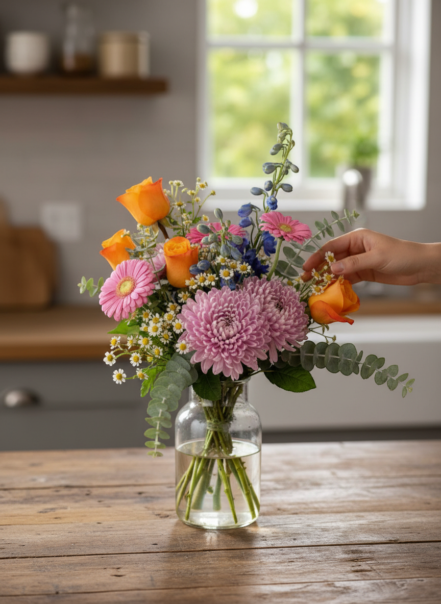 Lakewood Florist hand-tied bouquet with orange roses, pink gerberas, chrysanthemums, blue delphiniums, and eucalyptus.