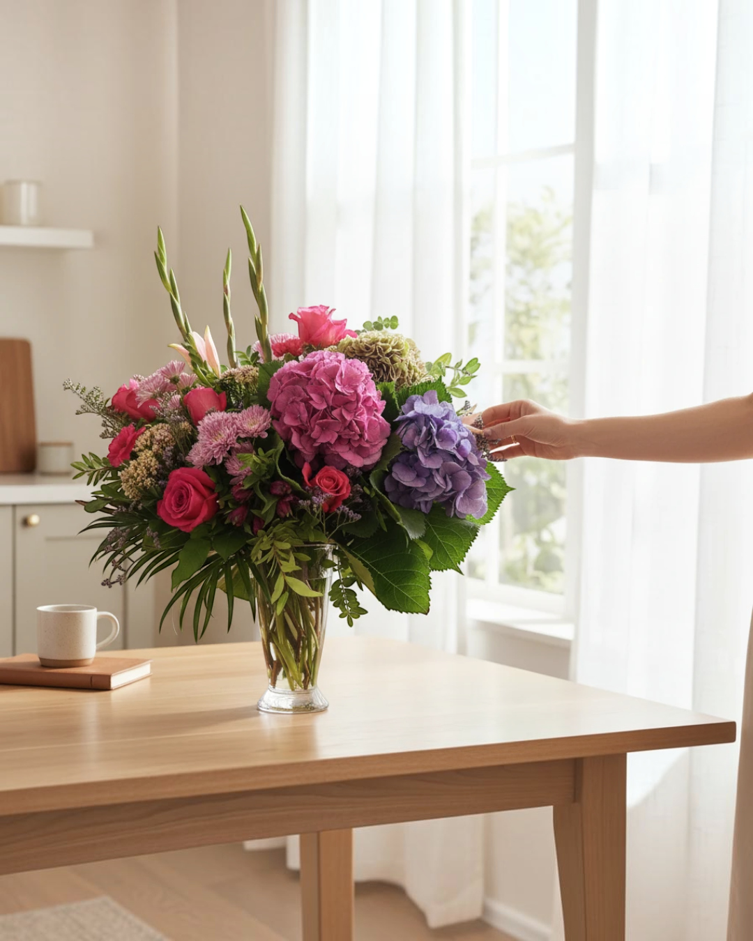 Lakewood Florist Sensational Summer Vase featuring a lush bouquet of pink roses and purple hydrangeas in a glass vase